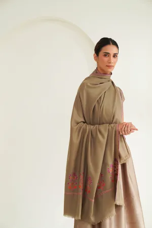 Eshaal Buta Palledar Hand Embroidered Pashmina Shawl Fawn