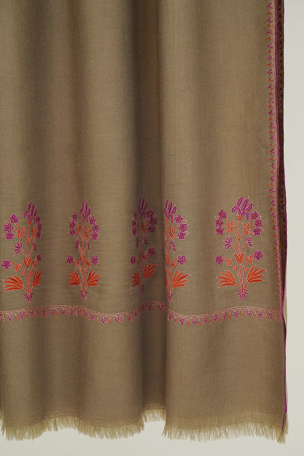 Eshaal Buta Palledar Hand Embroidered Pashmina Shawl Fawn