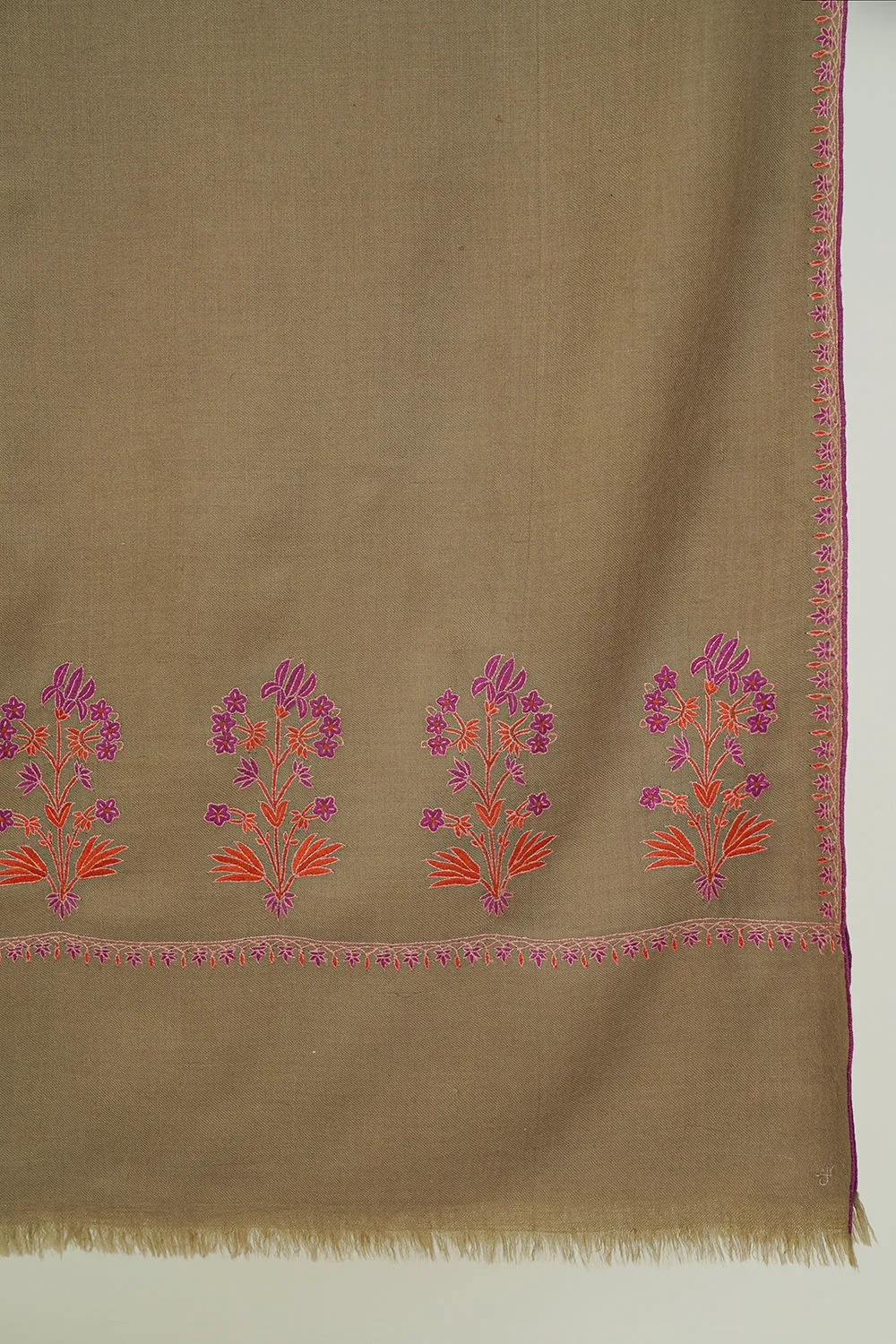 Eshaal Buta Palledar Hand Embroidered Pashmina Shawl Fawn