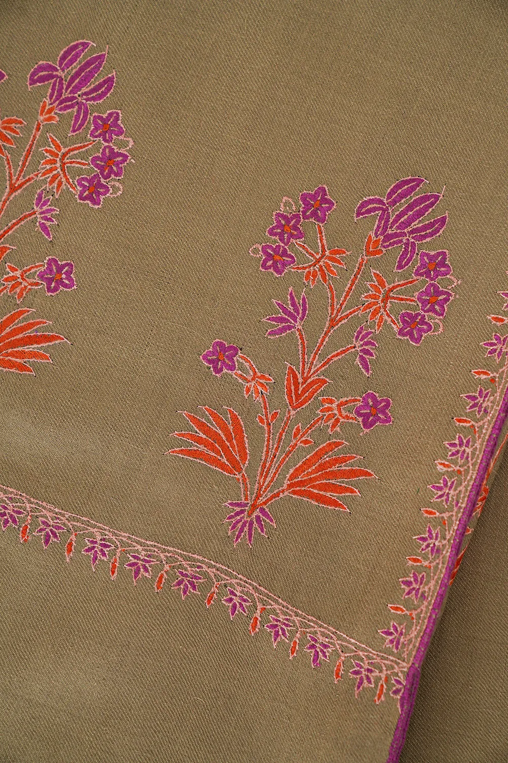 Eshaal Buta Palledar Hand Embroidered Pashmina Shawl Fawn