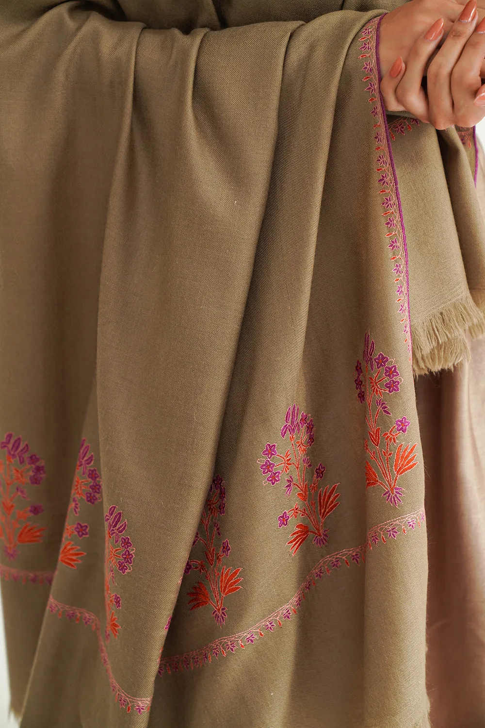 Eshaal Buta Palledar Hand Embroidered Pashmina Shawl Fawn