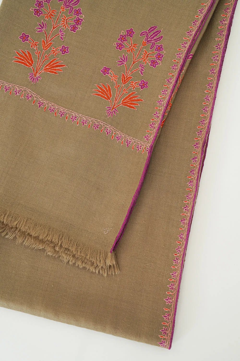 Eshaal Buta Palledar Hand Embroidered Pashmina Shawl Fawn
