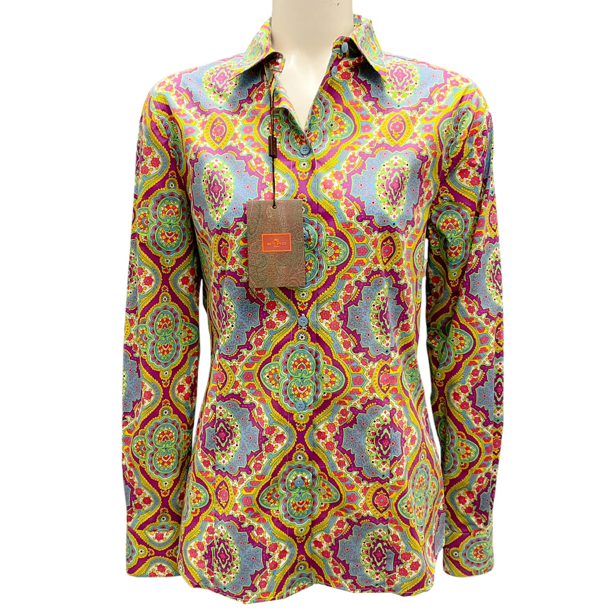 Etro Blue / Green Multi 2023 Printed Button-down Cotton Shirt