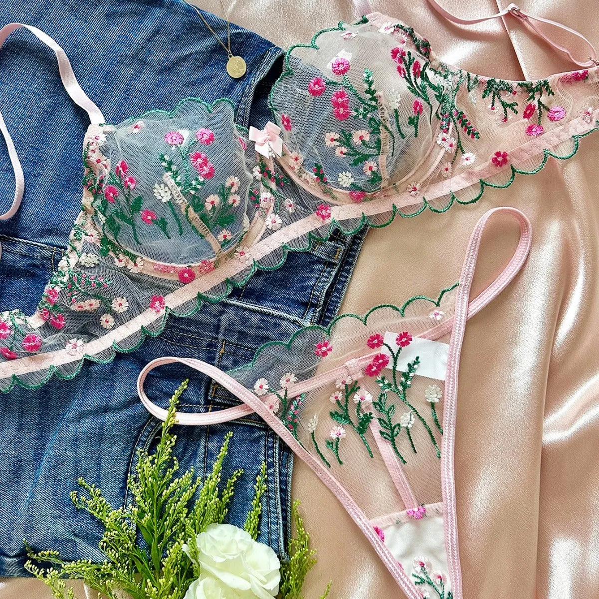 Floral Embroidered Lingerie Set - Sweet Style Sheer Mesh Sexy & Comfortable