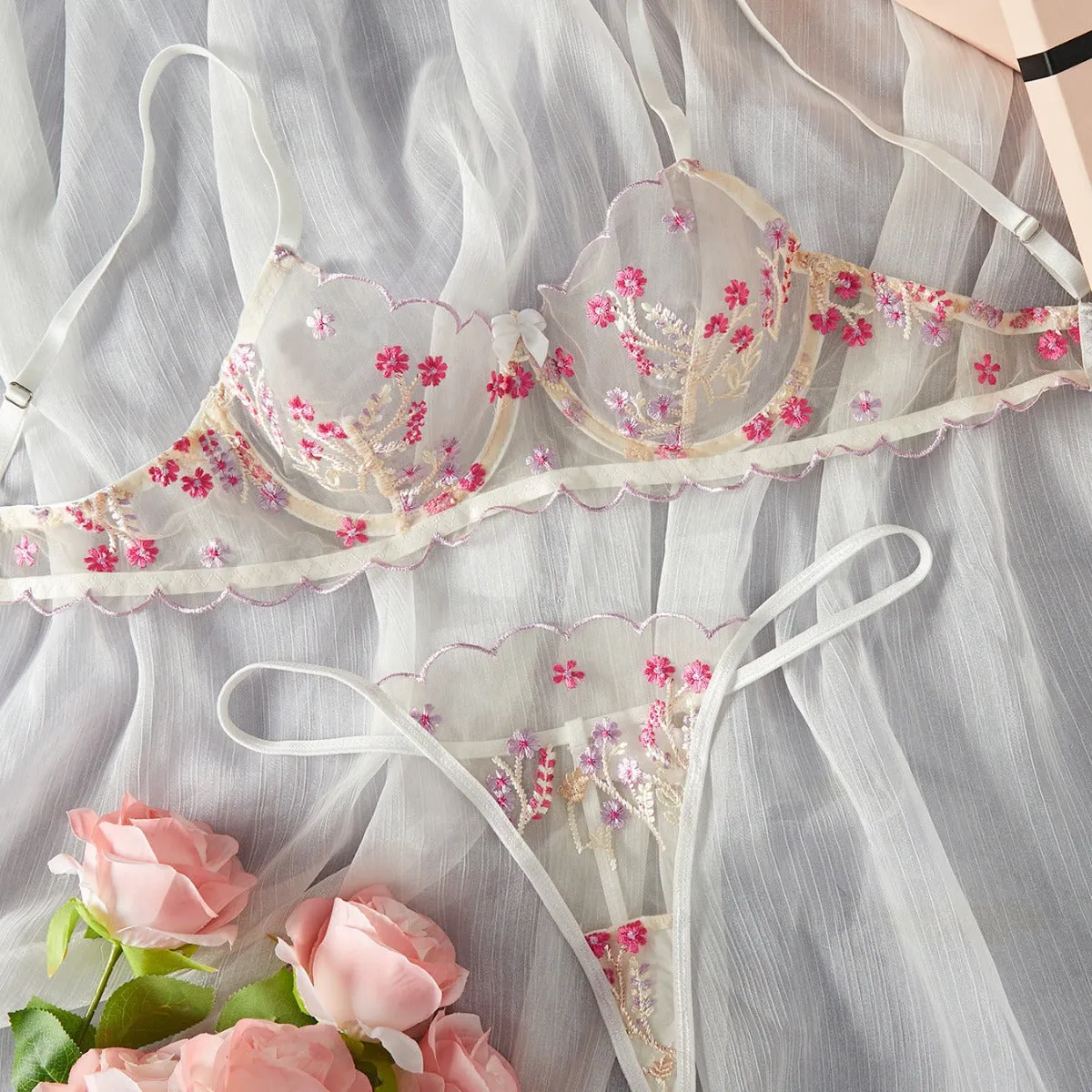 Floral Embroidered Lingerie Set - Sweet Style Sheer Mesh Sexy & Comfortable