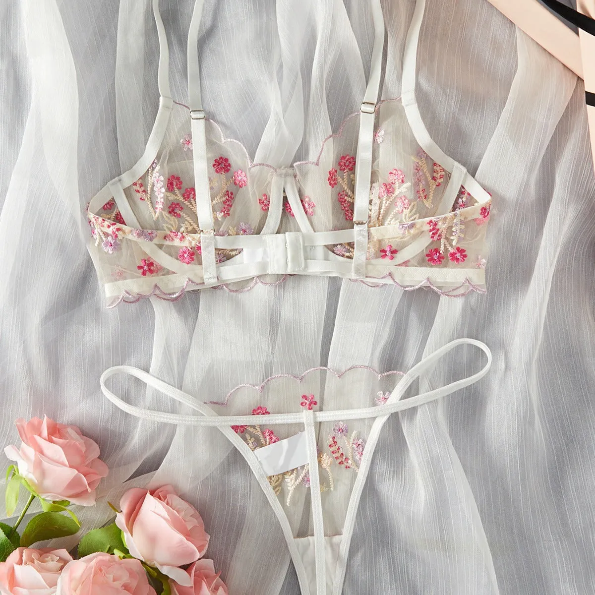 Floral Embroidered Lingerie Set - Sweet Style Sheer Mesh Sexy & Comfortable
