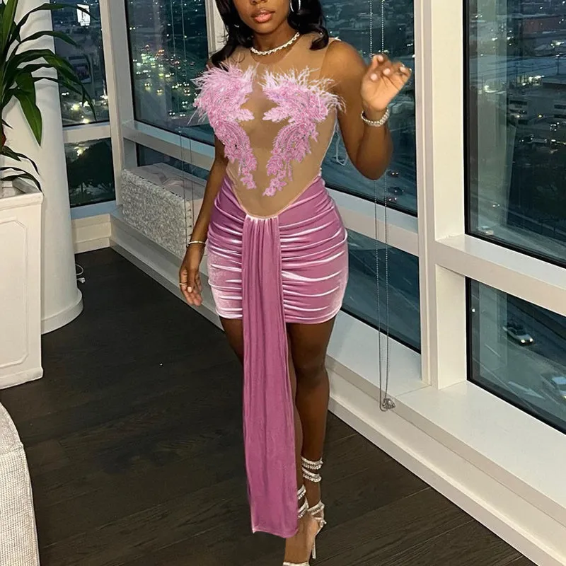 Floral Embroidered Sheer Mesh Patch Ruched Bodycon Dress