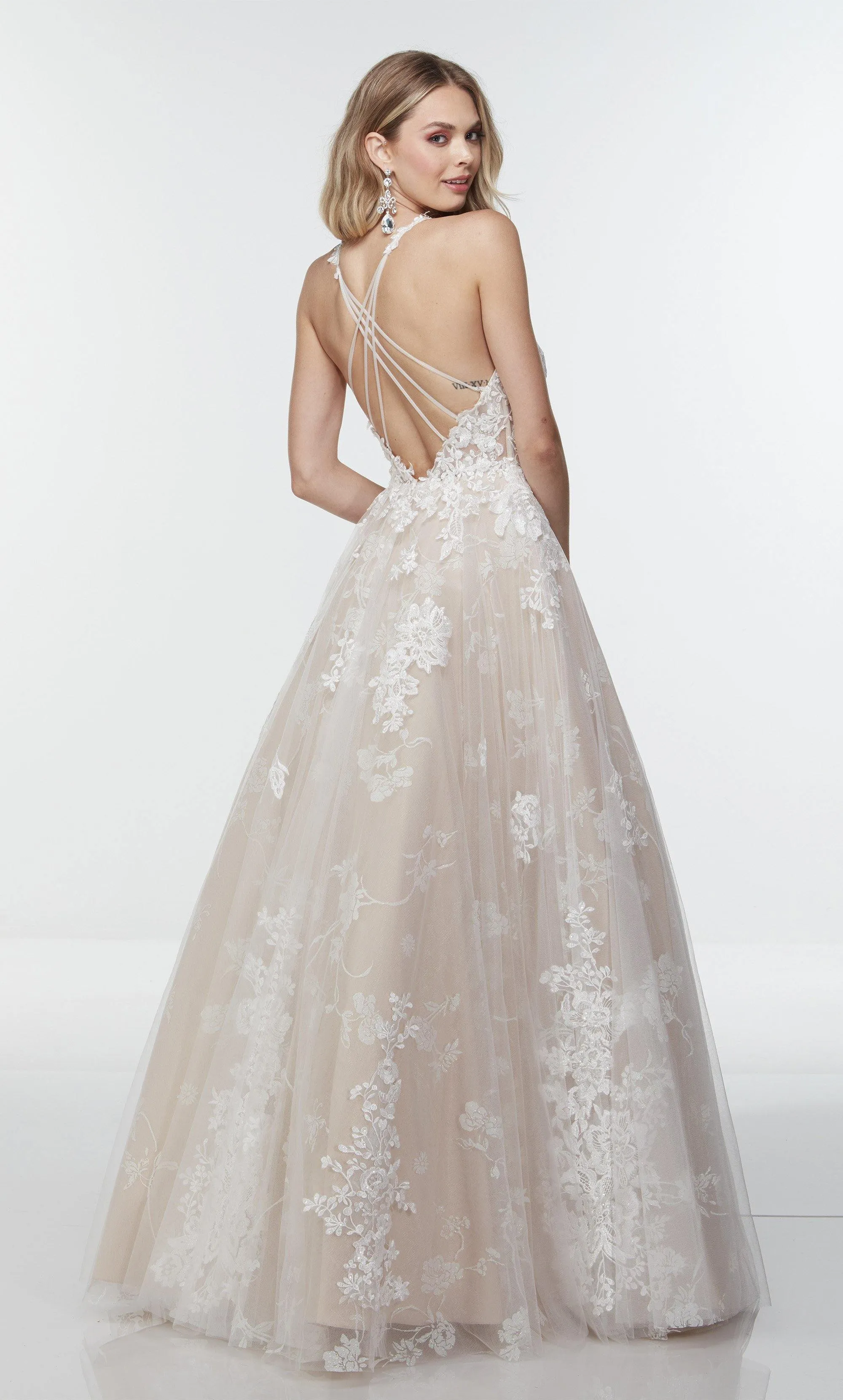 Floral Embroidered Sheer Tulle Ballgown