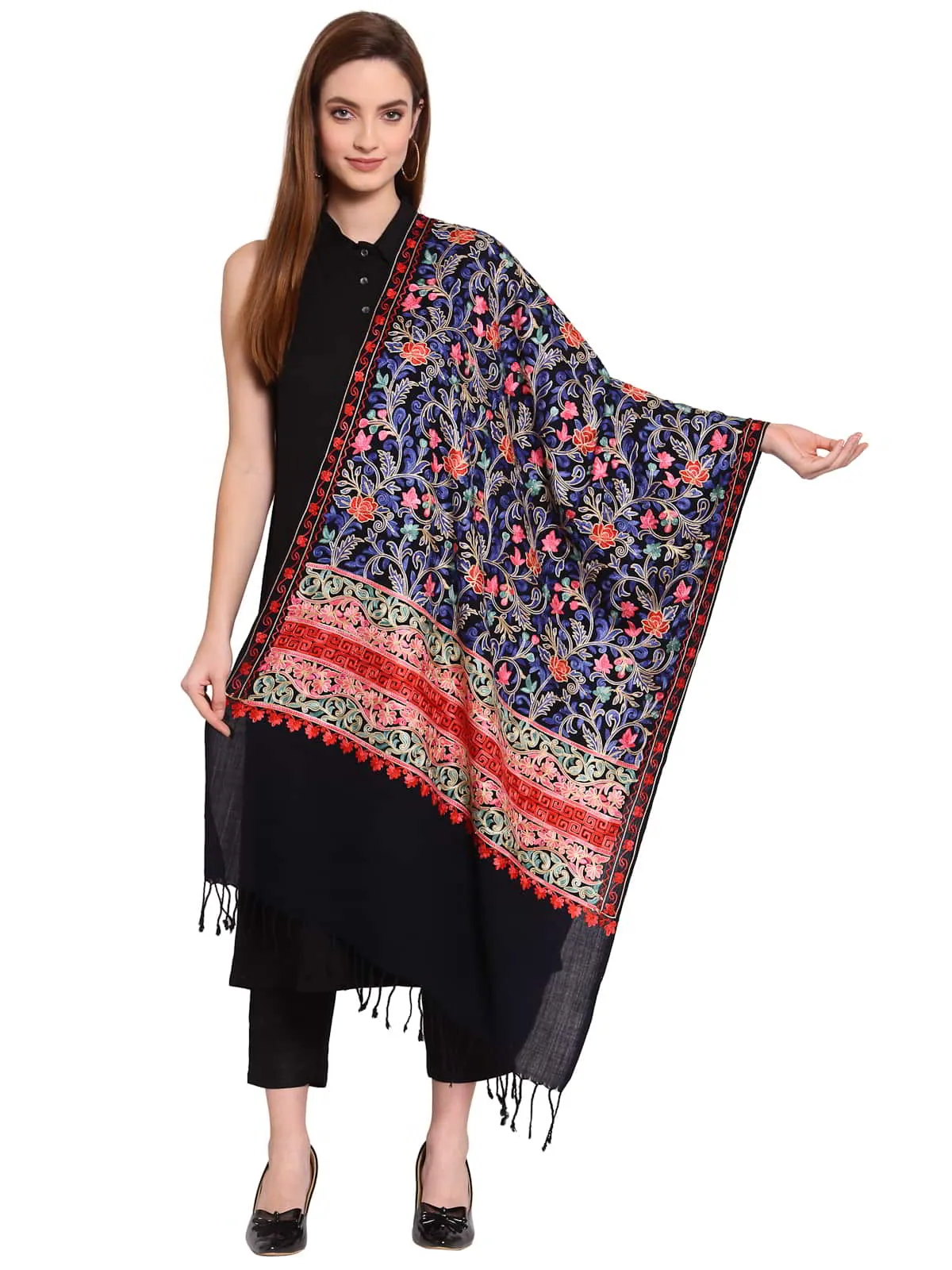 Floral Embroidered Wool Shawl