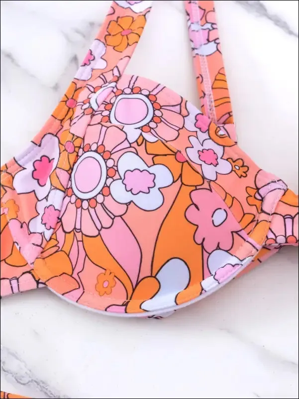 Floral print knot back underwire bikini swimsuit