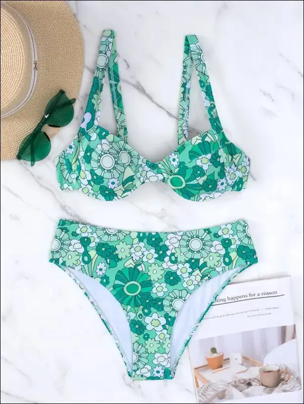 Floral print knot back underwire bikini swimsuit