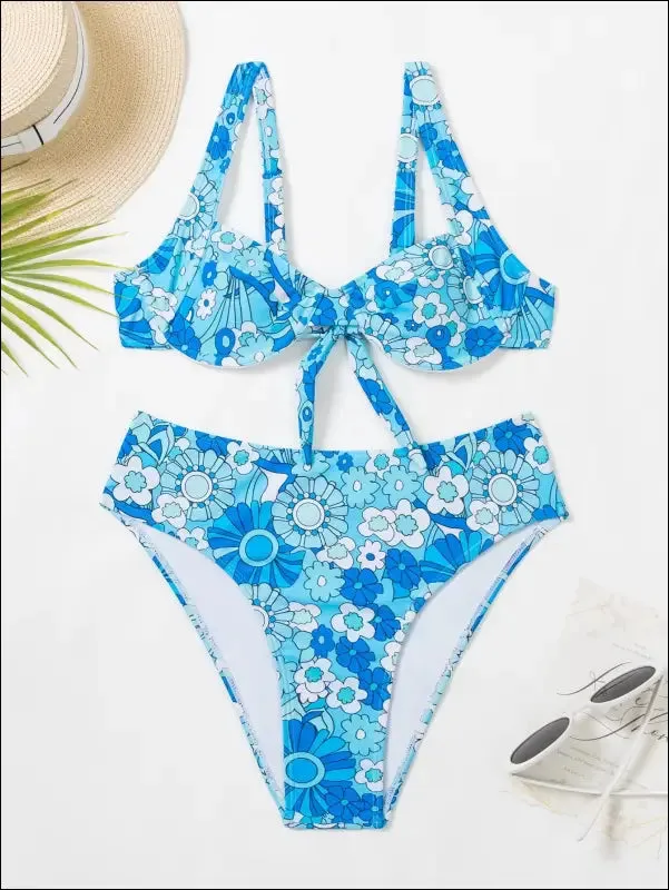 Floral print knot back underwire bikini swimsuit