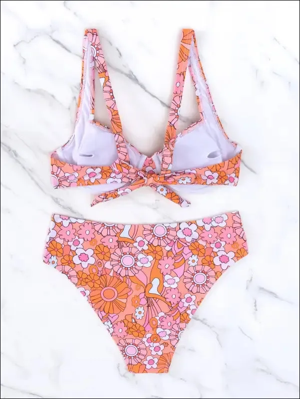 Floral print knot back underwire bikini swimsuit