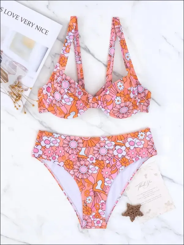 Floral print knot back underwire bikini swimsuit