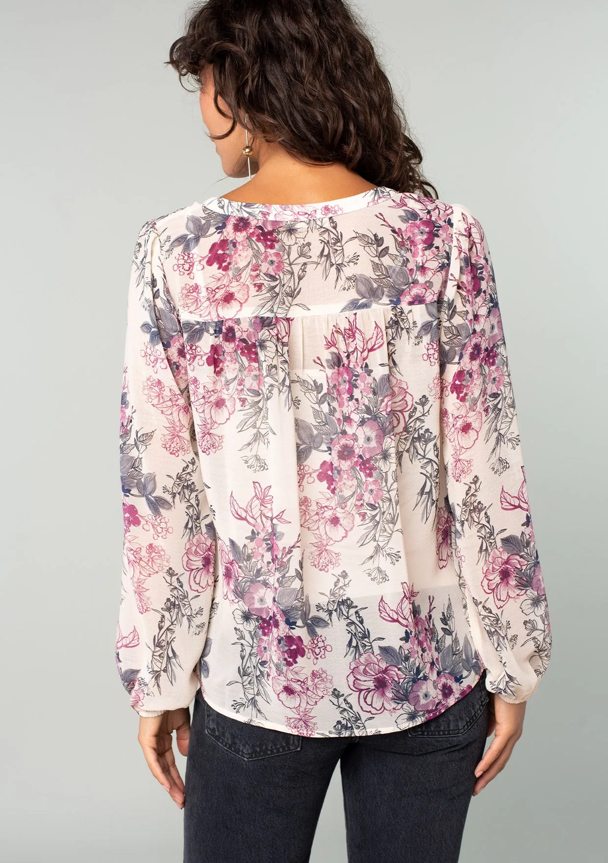 Floral Sheer Split Neck Long Sleeve Blouse