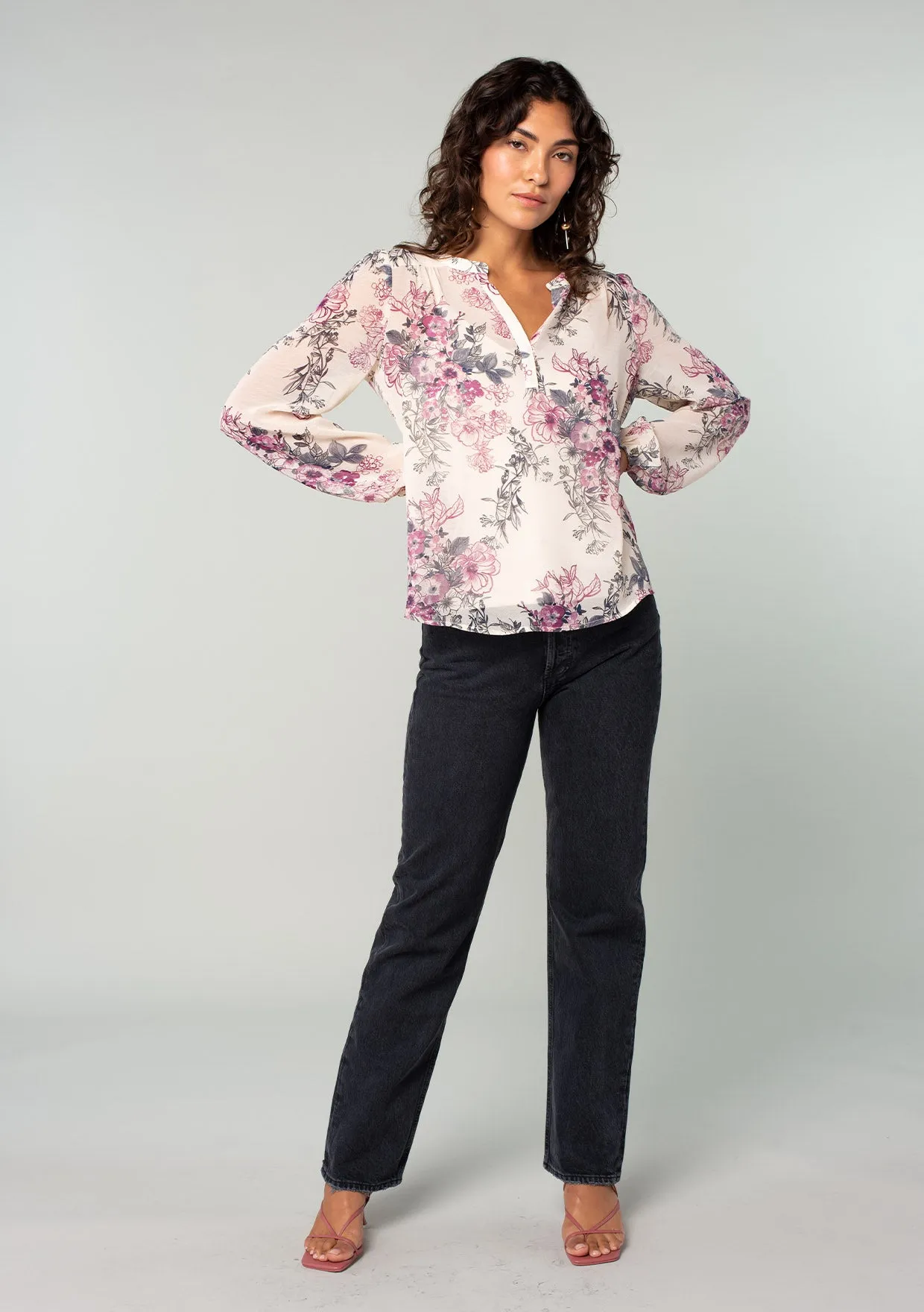 Floral Sheer Split Neck Long Sleeve Blouse