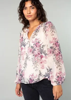 Floral Sheer Split Neck Long Sleeve Blouse