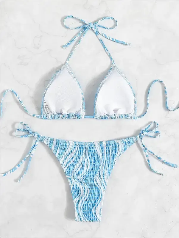 Fluid smocked halter triangle bikini swimsuit