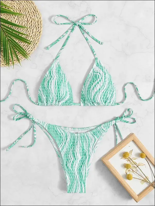 Fluid smocked halter triangle bikini swimsuit