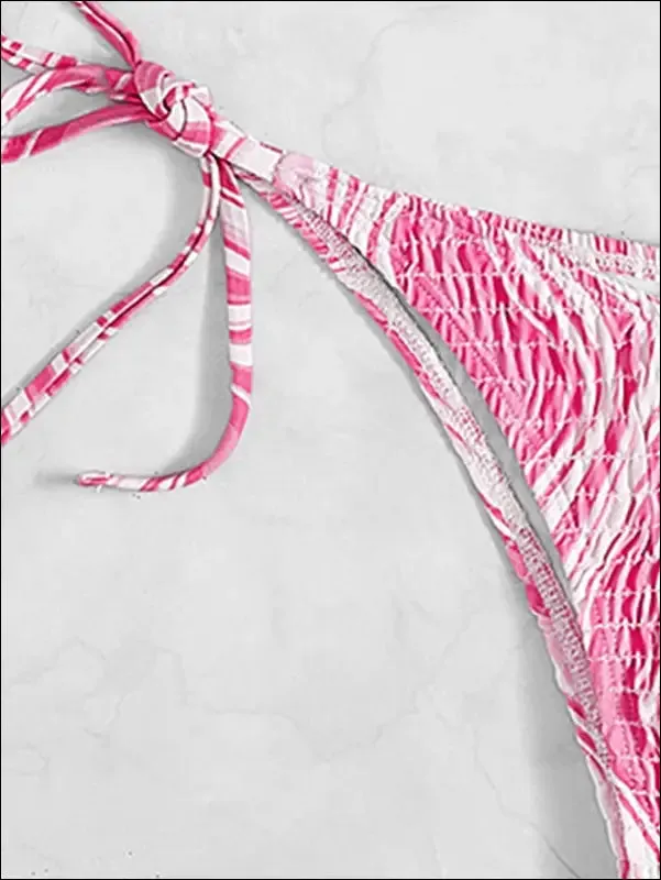 Fluid smocked halter triangle bikini swimsuit