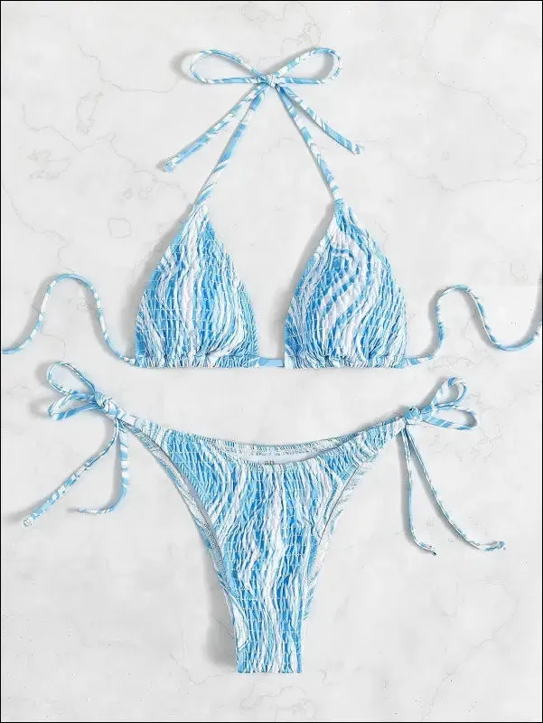 Fluid smocked halter triangle bikini swimsuit