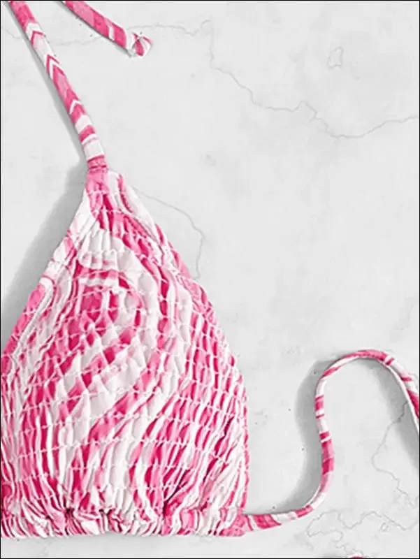 Fluid smocked halter triangle bikini swimsuit