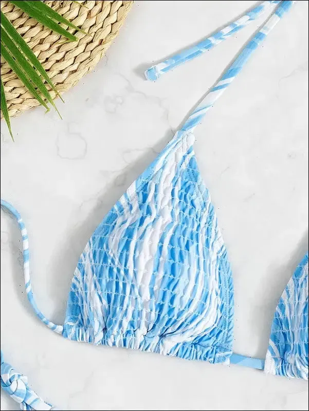Fluid smocked halter triangle bikini swimsuit