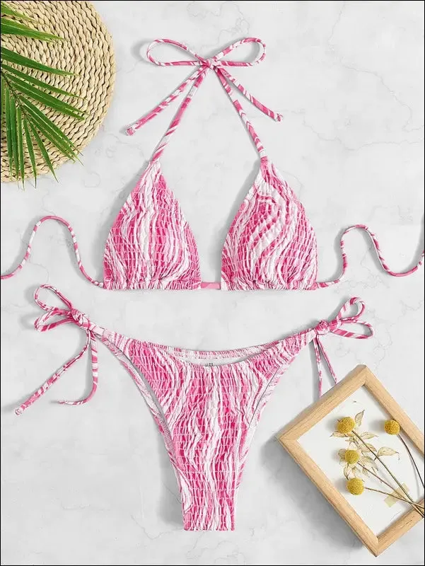 Fluid smocked halter triangle bikini swimsuit