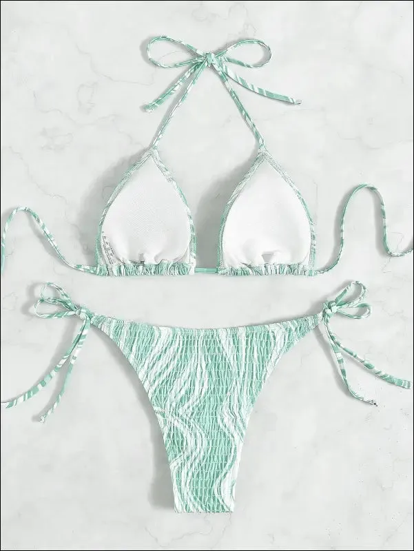 Fluid smocked halter triangle bikini swimsuit