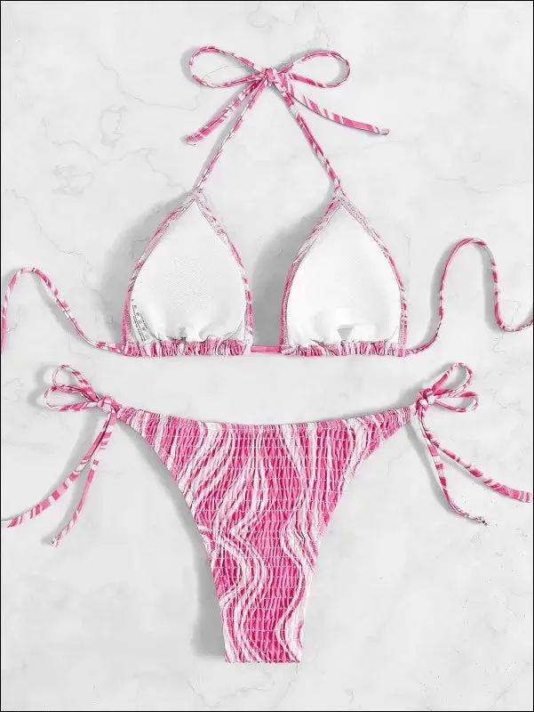 Fluid smocked halter triangle bikini swimsuit