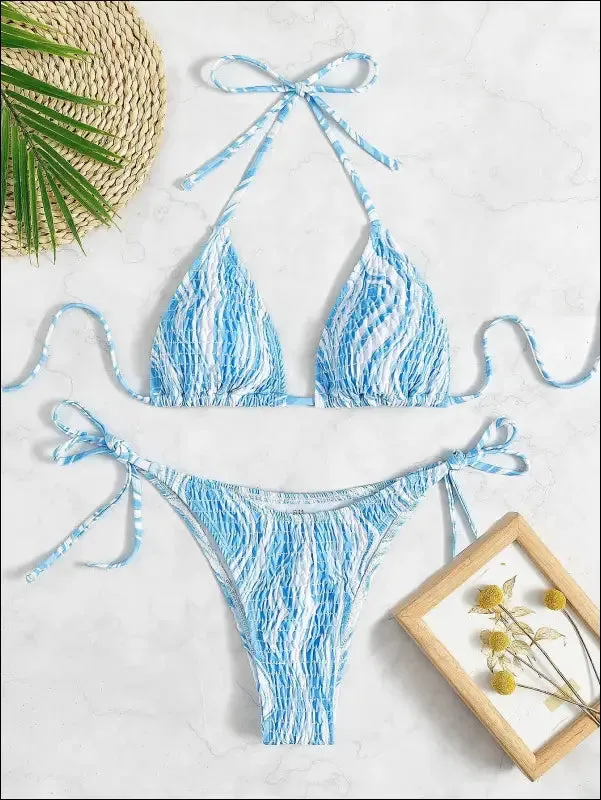 Fluid smocked halter triangle bikini swimsuit