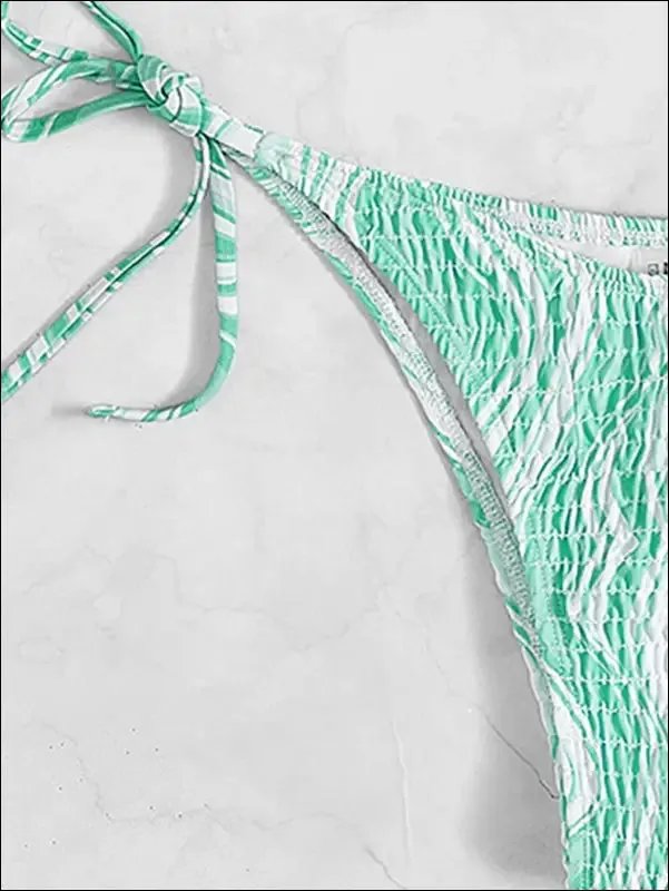 Fluid smocked halter triangle bikini swimsuit