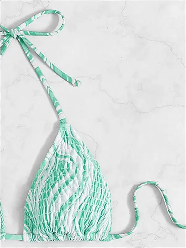 Fluid smocked halter triangle bikini swimsuit