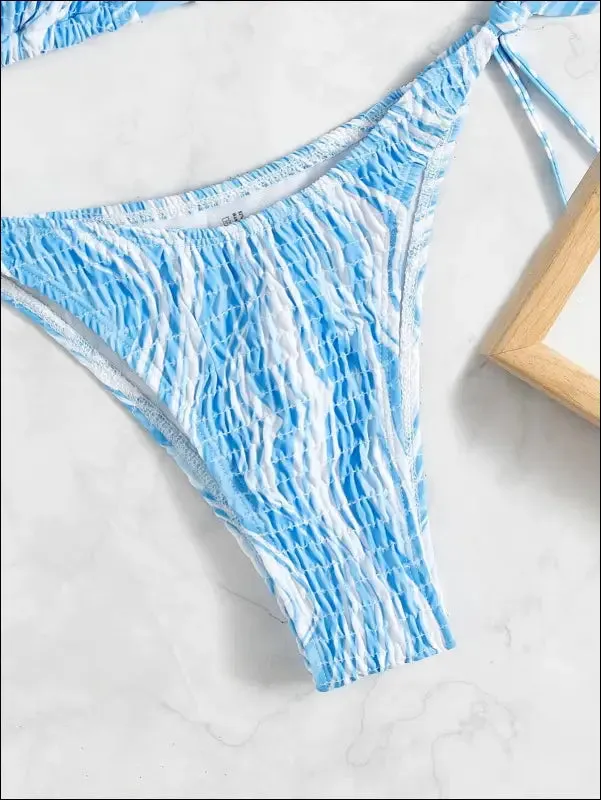 Fluid smocked halter triangle bikini swimsuit