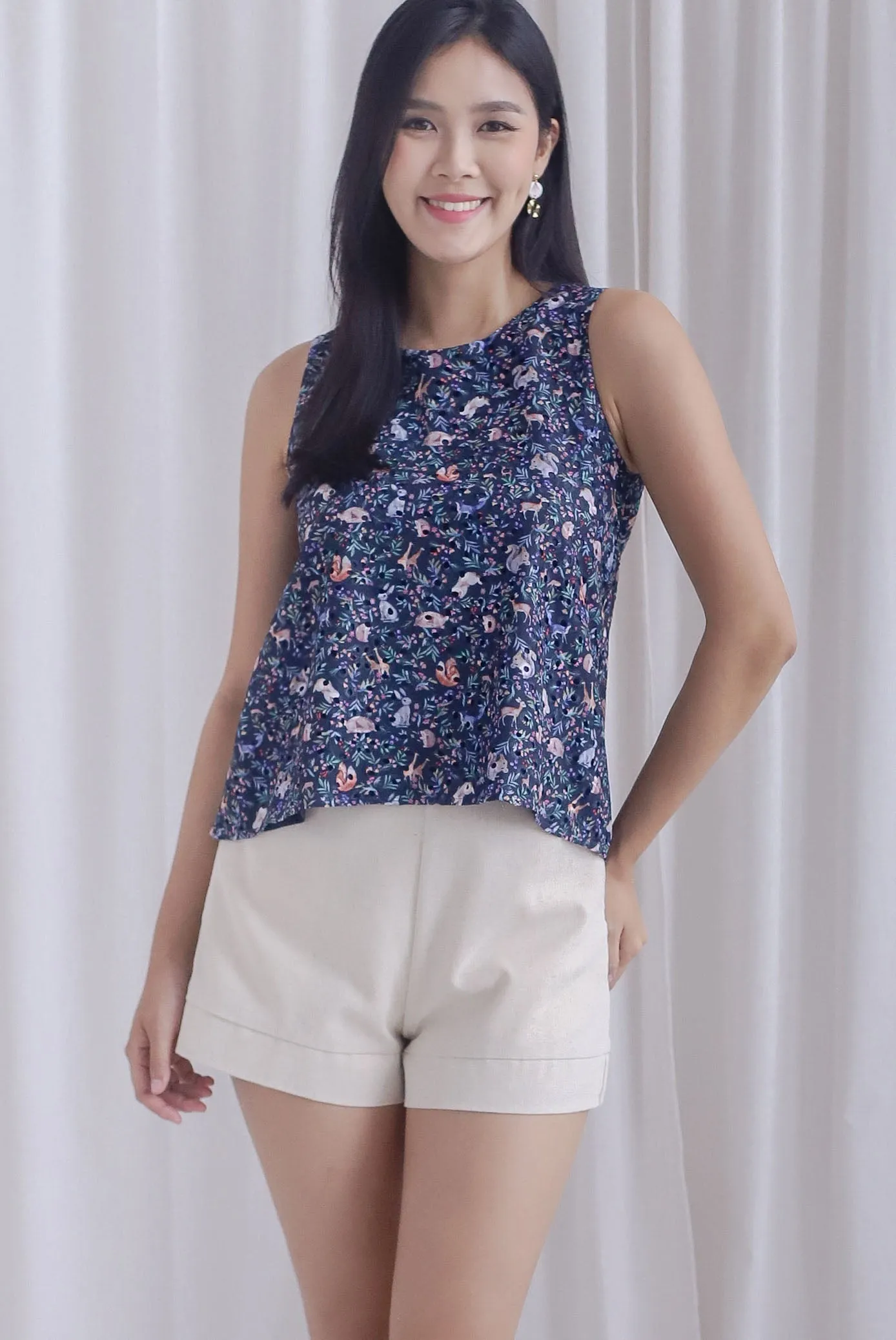 Forest Animals Eyelet Hi Lo Top In Navy Blue