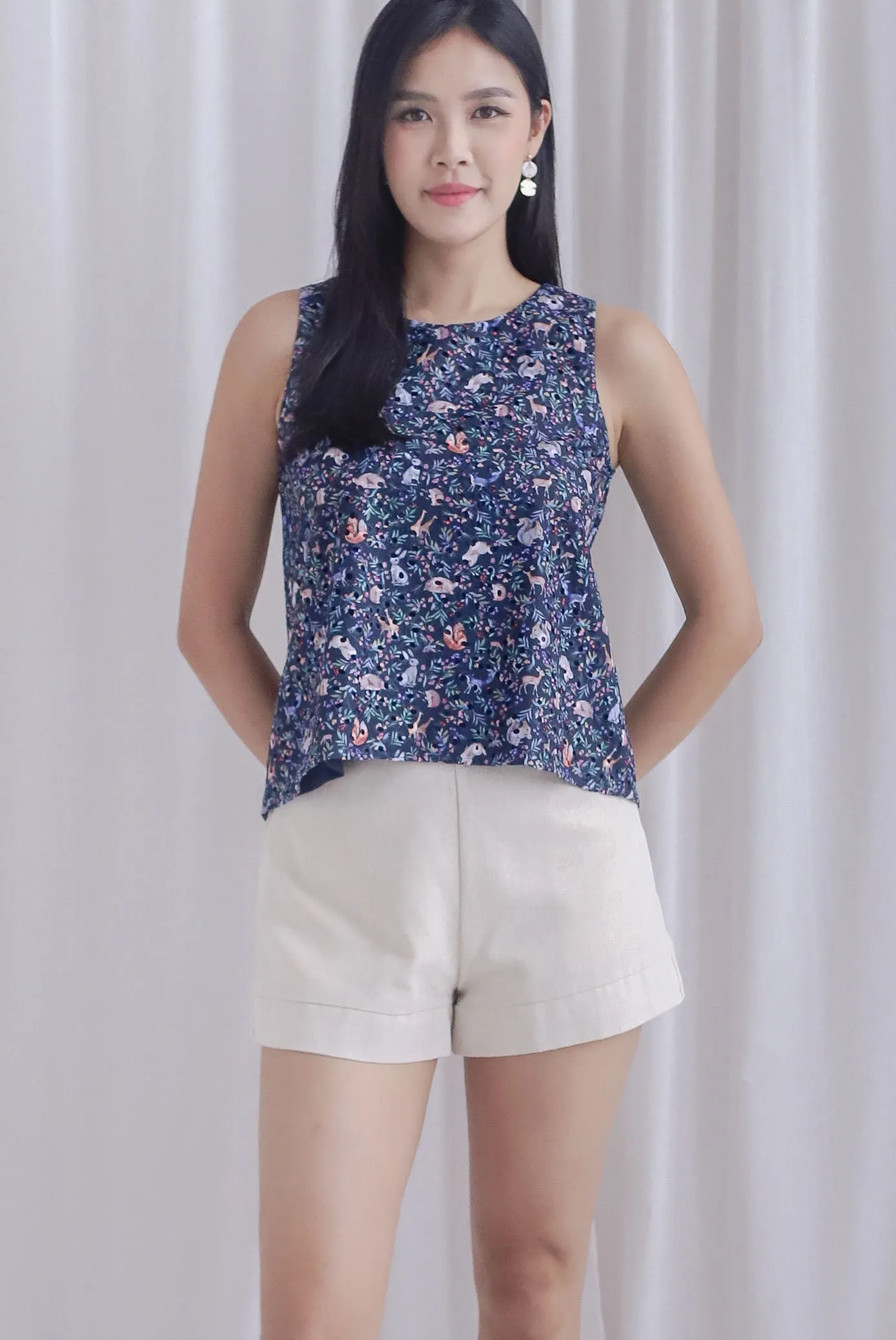 Forest Animals Eyelet Hi Lo Top In Navy Blue