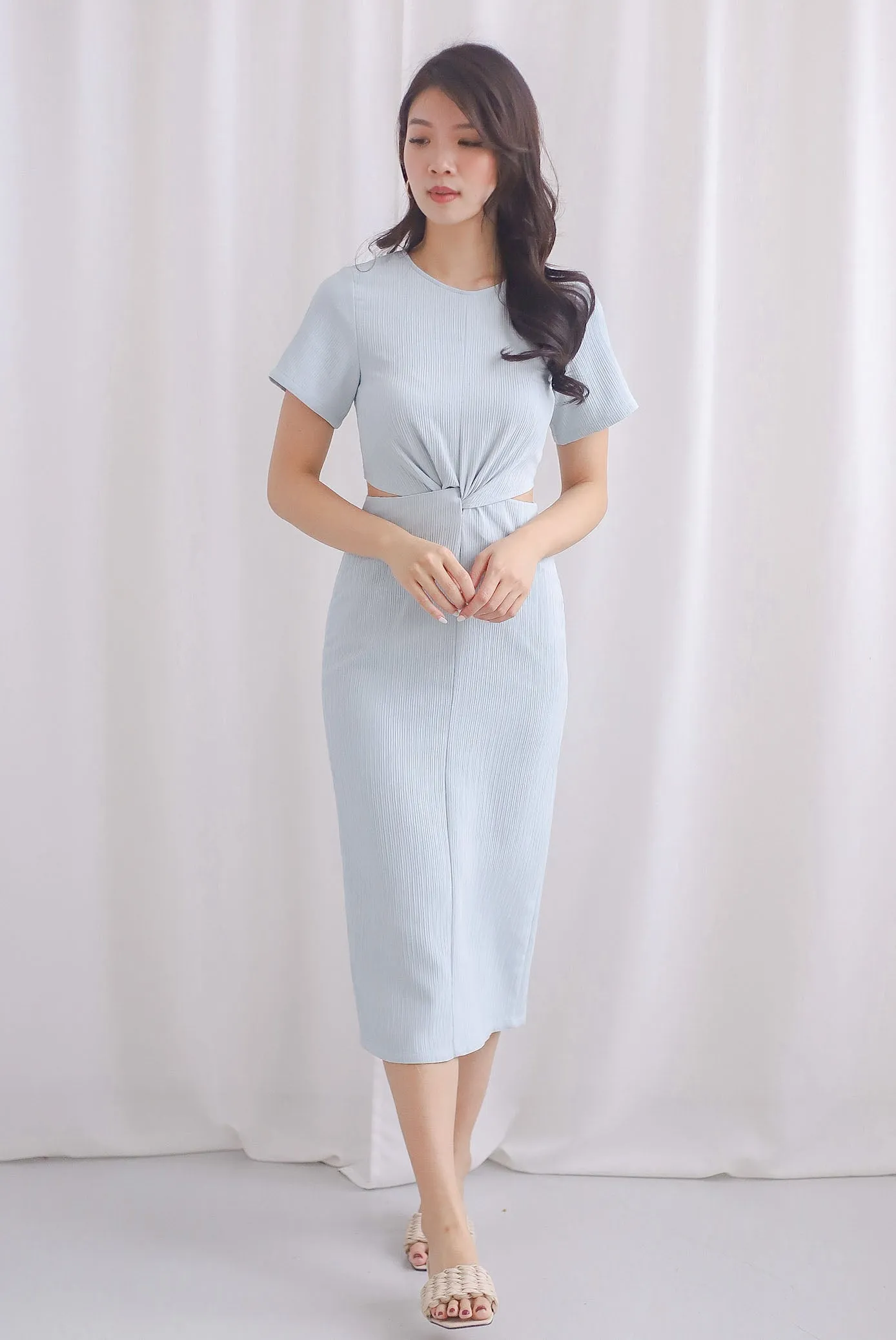 Francine Textured Twist Knot Cut Out Dress In Skyblue