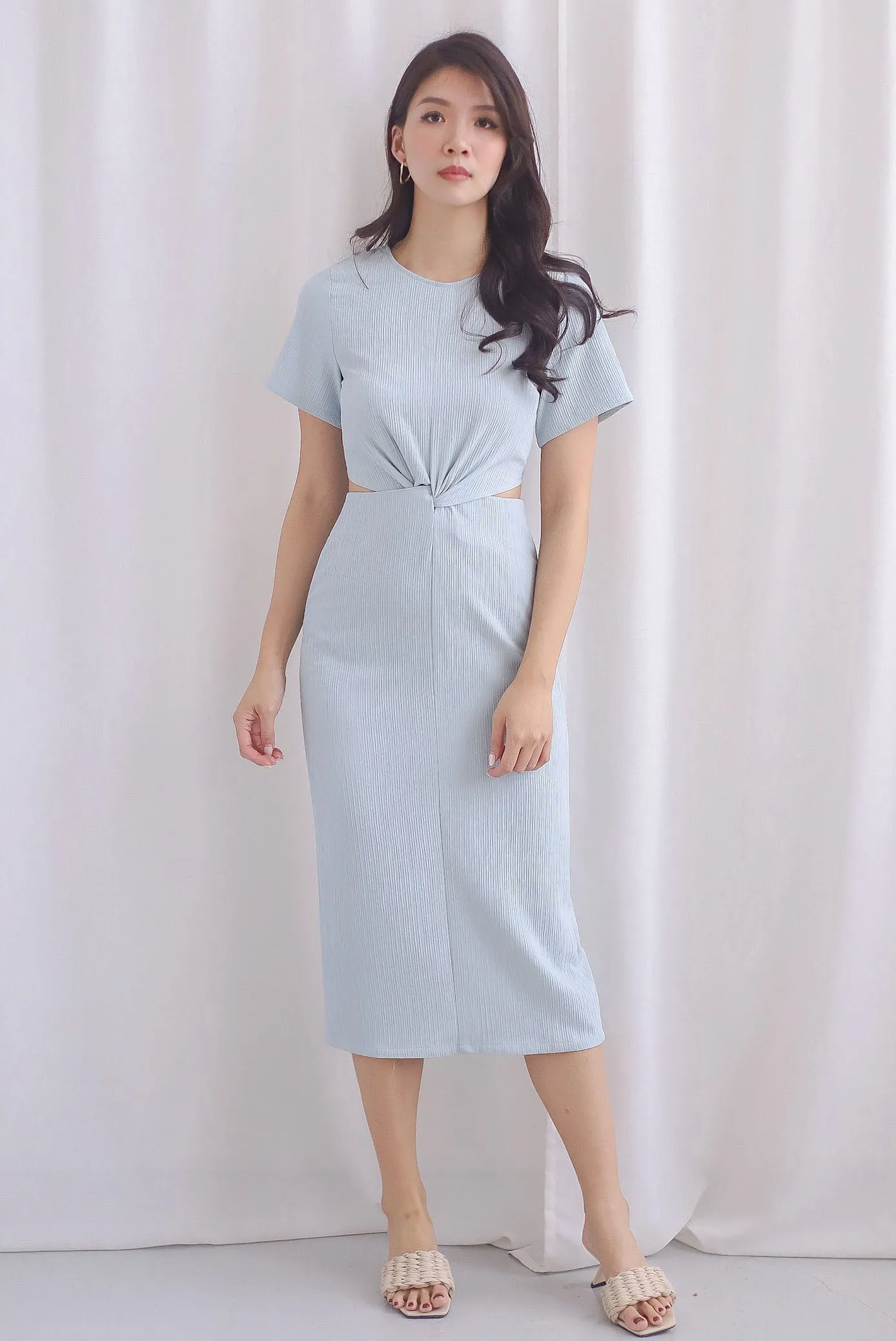 Francine Textured Twist Knot Cut Out Dress In Skyblue