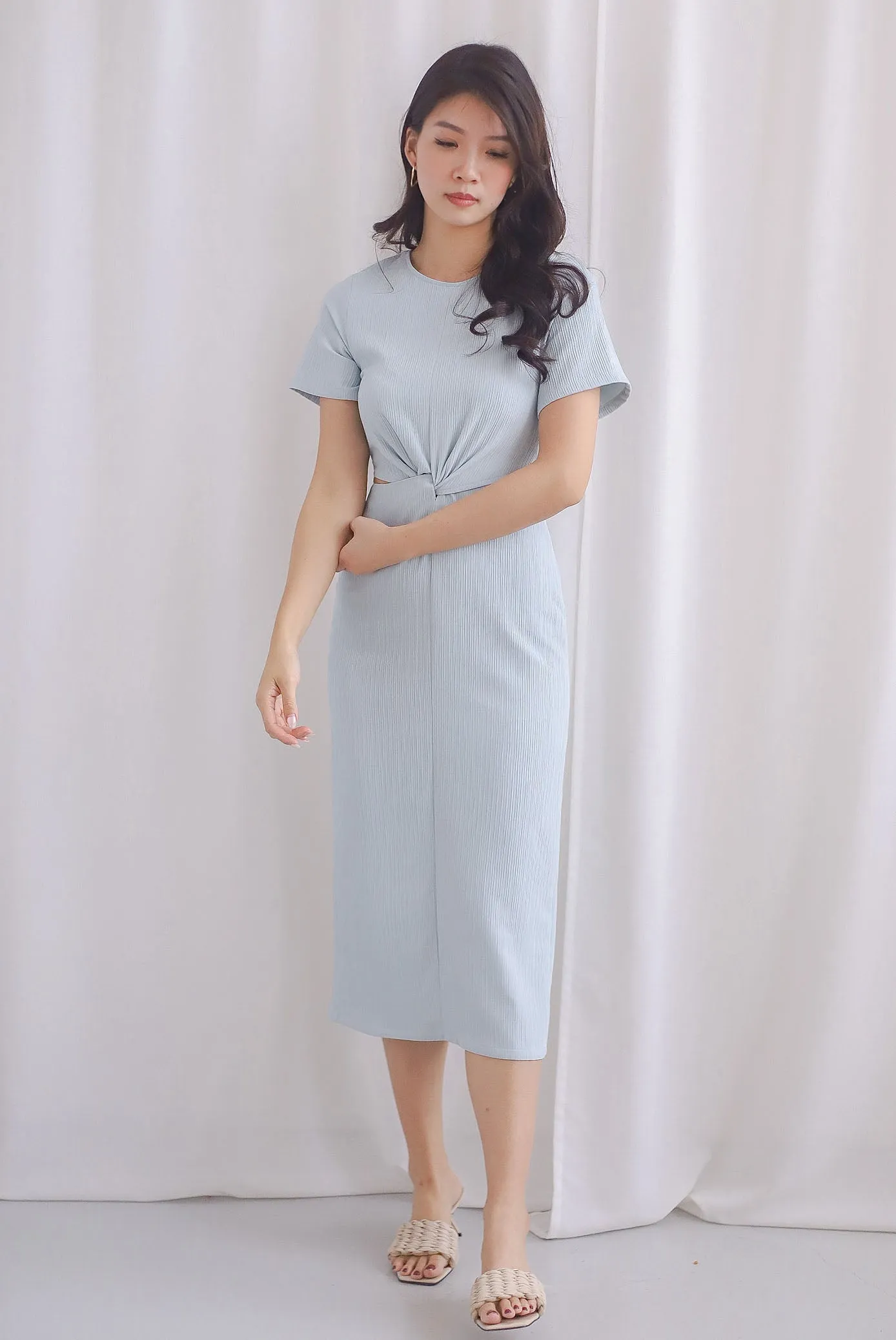 Francine Textured Twist Knot Cut Out Dress In Skyblue