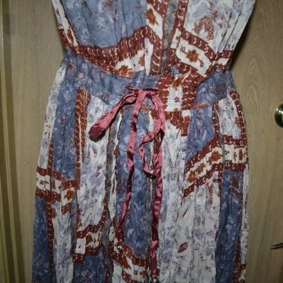 Free People Red &amp; Blue Patchwork Boho Cotton Summer Dress