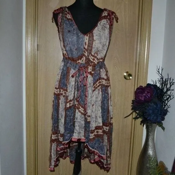 Free People Red &amp; Blue Patchwork Boho Cotton Summer Dress
