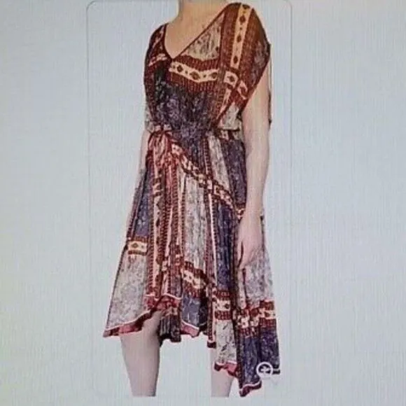 Free People Red &amp; Blue Patchwork Boho Cotton Summer Dress