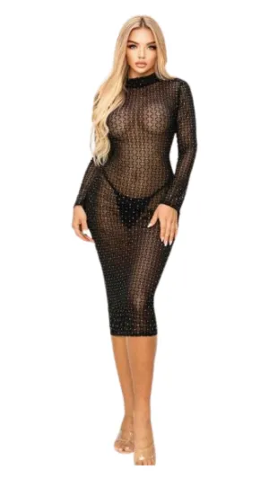 Glitter Long Sleeve Sheer Dress Black