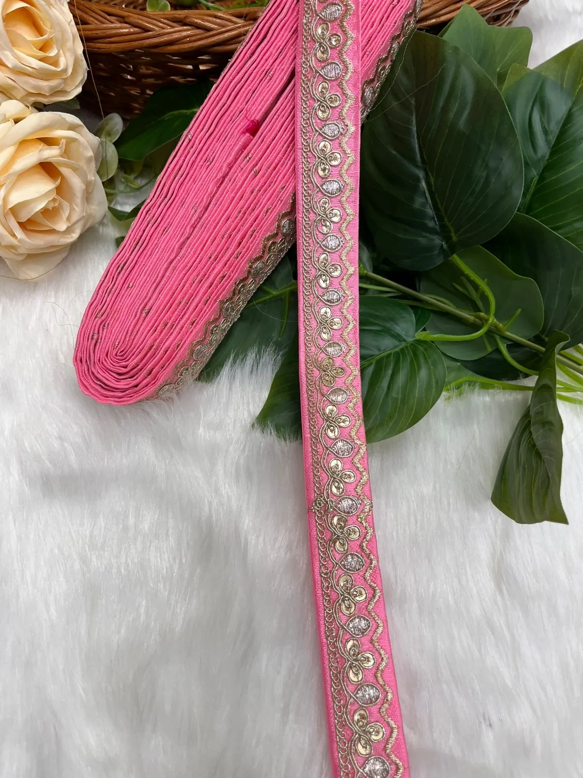 Gold Zari Work Embroidery Lace Borders - Perfect for Sarees, Dupattas, Lehengas, and Craft Projects | Baby Pink