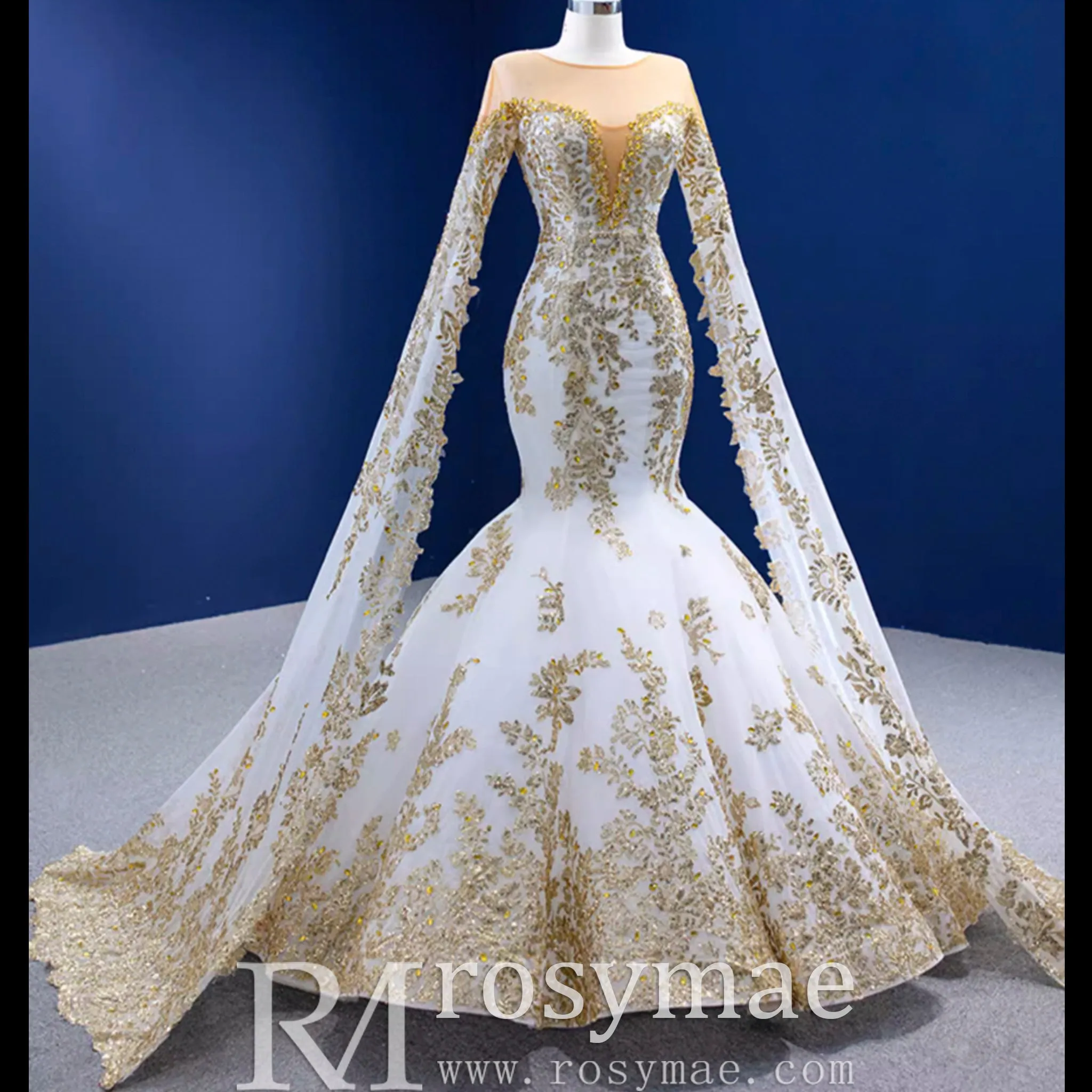 Gorgeous High-end Trumpet Wedding Dress with Long Cape Sleeve