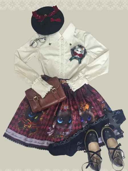 Gothic Lolita Blouse Puff Sleeve Turndown Collar Ruffles Black Lolita Top