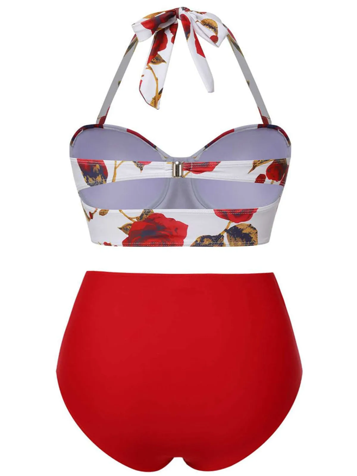 [Grande taille] Bikini dos nu et cache-maillot jupe à motifs roses rouges années 1960