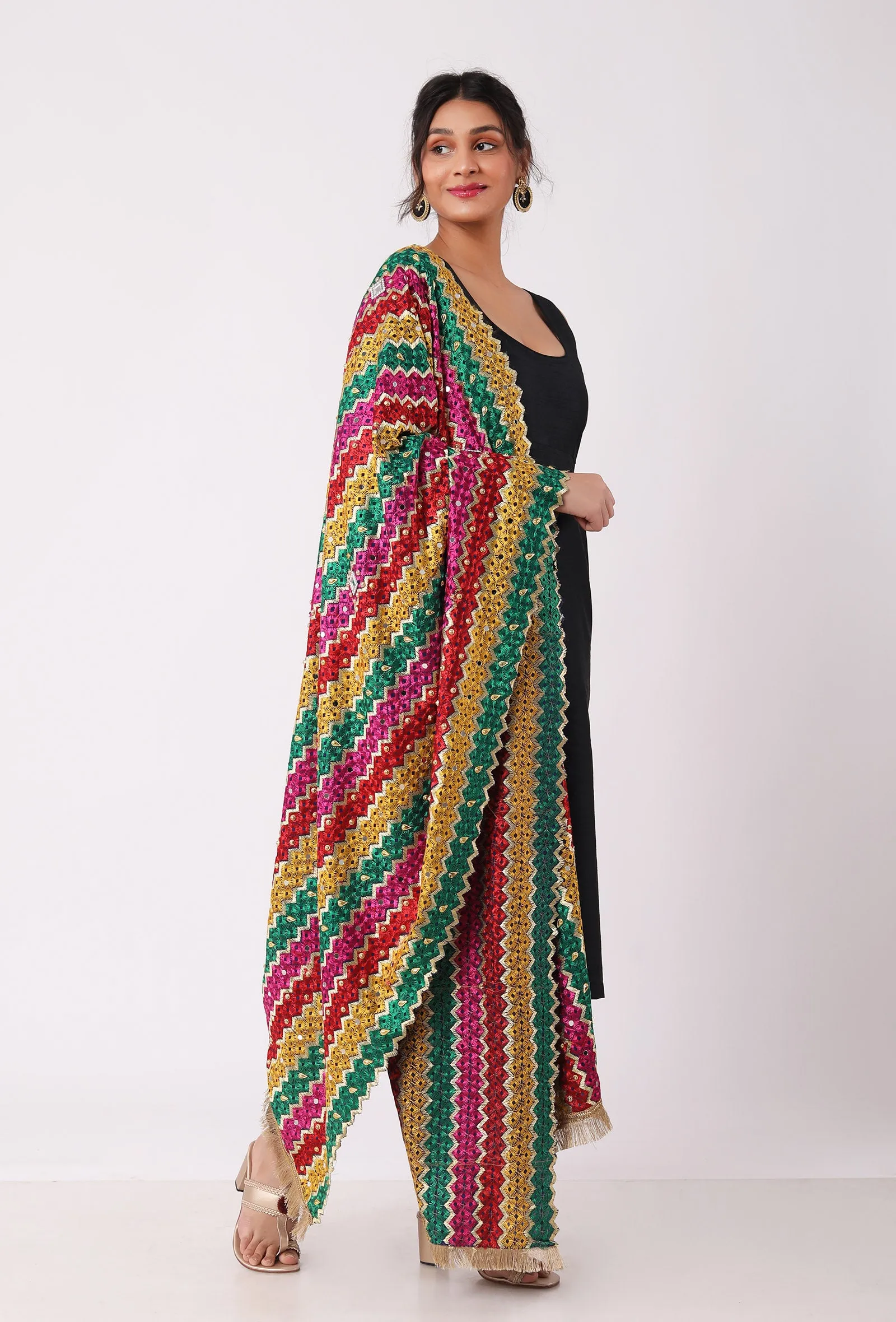 Green allover embriodred phoolkari dupatta