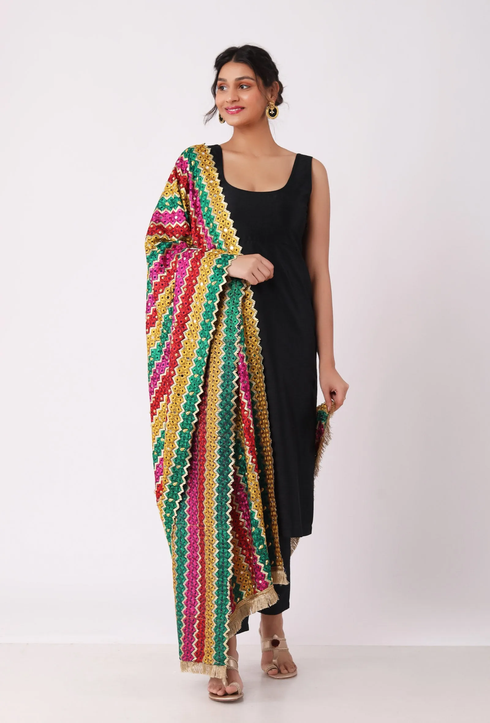 Green allover embriodred phoolkari dupatta