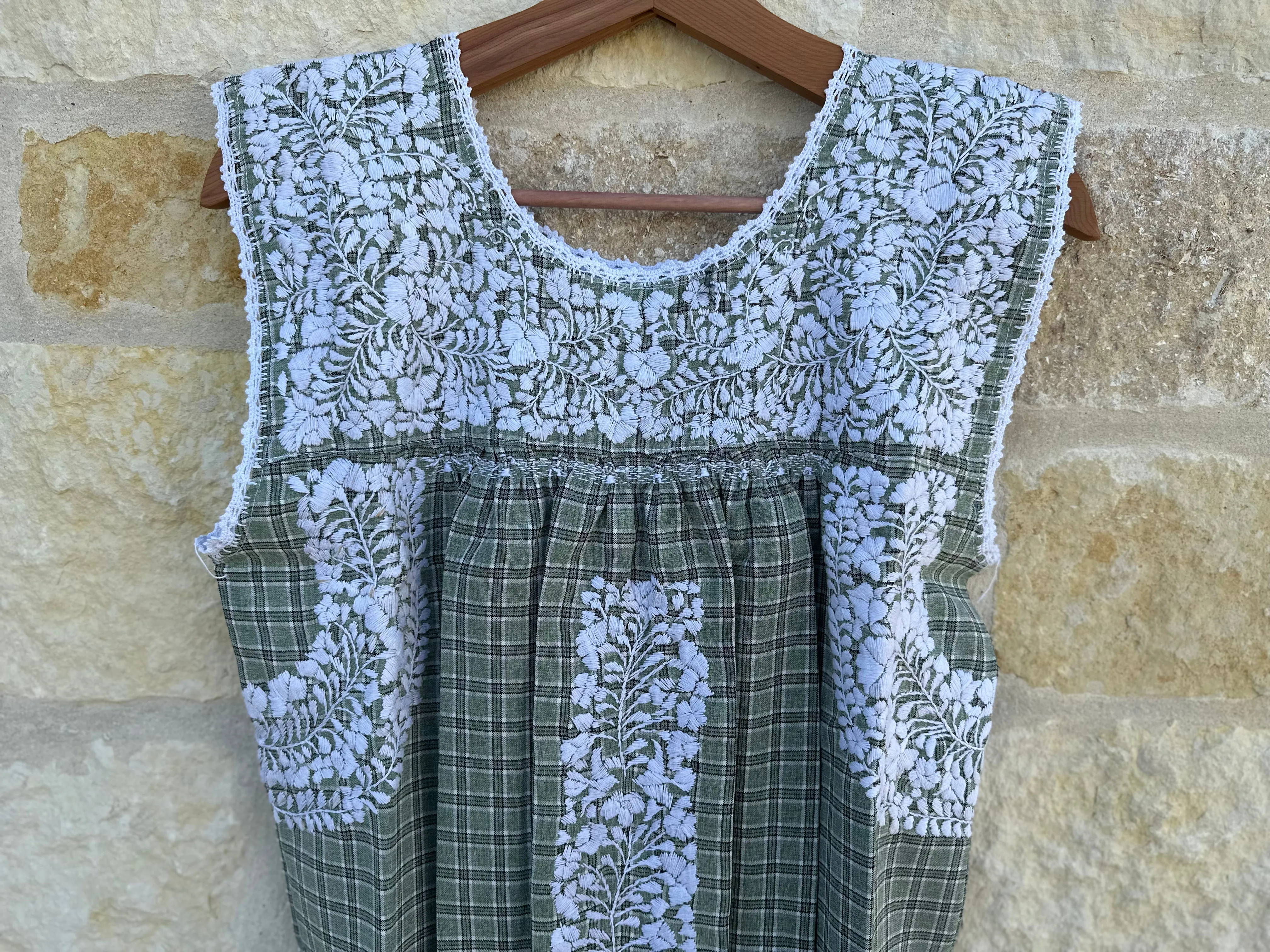 Green and Black Plaid With White Embroidery Felicia Midi Dress - M